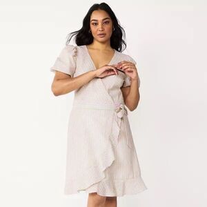 Draper James RSVP Pink Green Striped Seersucker Puff Sleeve Wrap Dress sz M